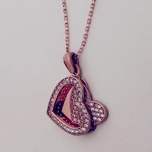 925 Silver double heart initial cz necklace 14K rose gold plated